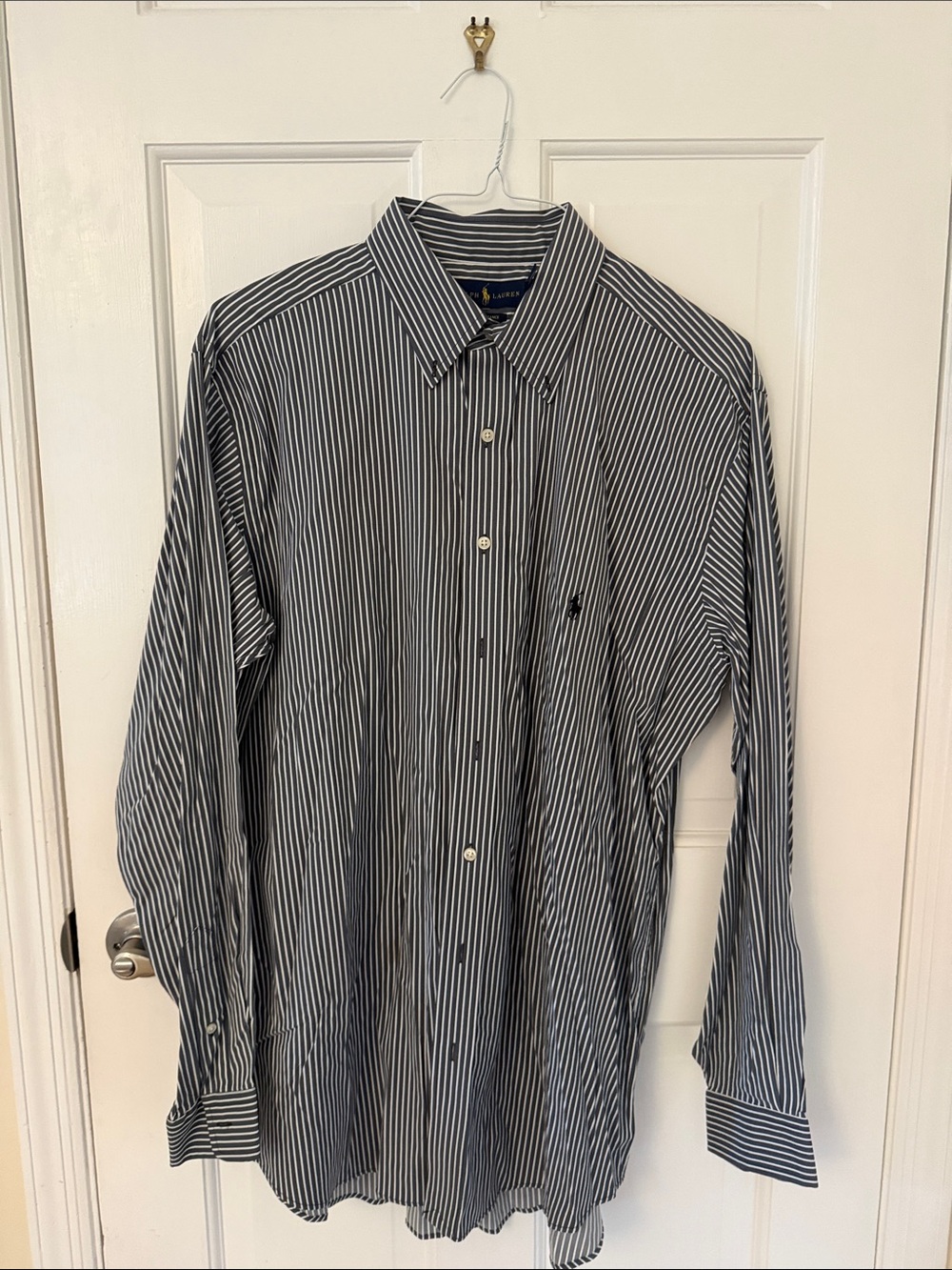Ralph Lauren Men's Navy and White Vertical Stripe Button-Down Shirt